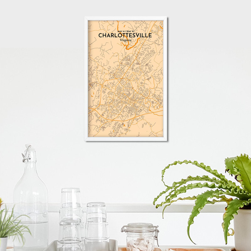 Charlottesville, carte de la ville, impression graphique, H 17 po x l 11 po x P 0,05 po, Orange / or pâle