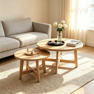 Ensemble de 2 tables basses gigognes rondes, tables de bout empilables en forme de X, tables d'appoint modernes en bois naturel pour le salon, le balcon de la chambre à coucher, mobilier d'appoint haute densité peu encombrant