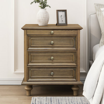 Farmhouse Nightstands with 4 Drawer,Wood Storage End Table with Hidden Pull-Out Shelf, Large Side Table with 4 Solid Wood Feet and Metal Handle, Easy Assembly, Natural/White