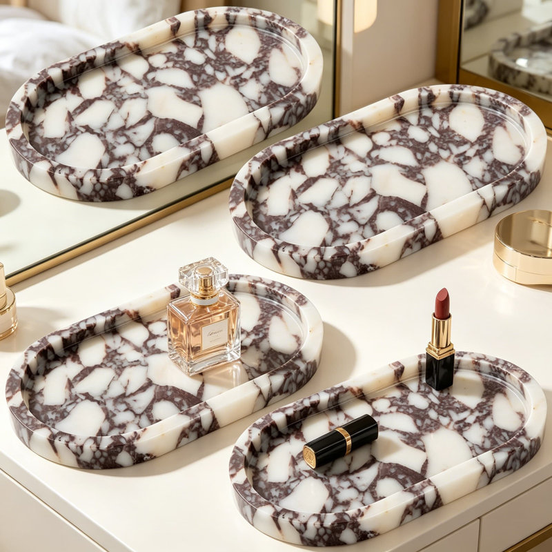Calacatta Viola Marble Oval Trays 10x6 Inch, 4 Pack Natural Stone Serving Dishes for Bathroom Vanity and Kitchen Organizer, Jewellery and Perfume Tray Set