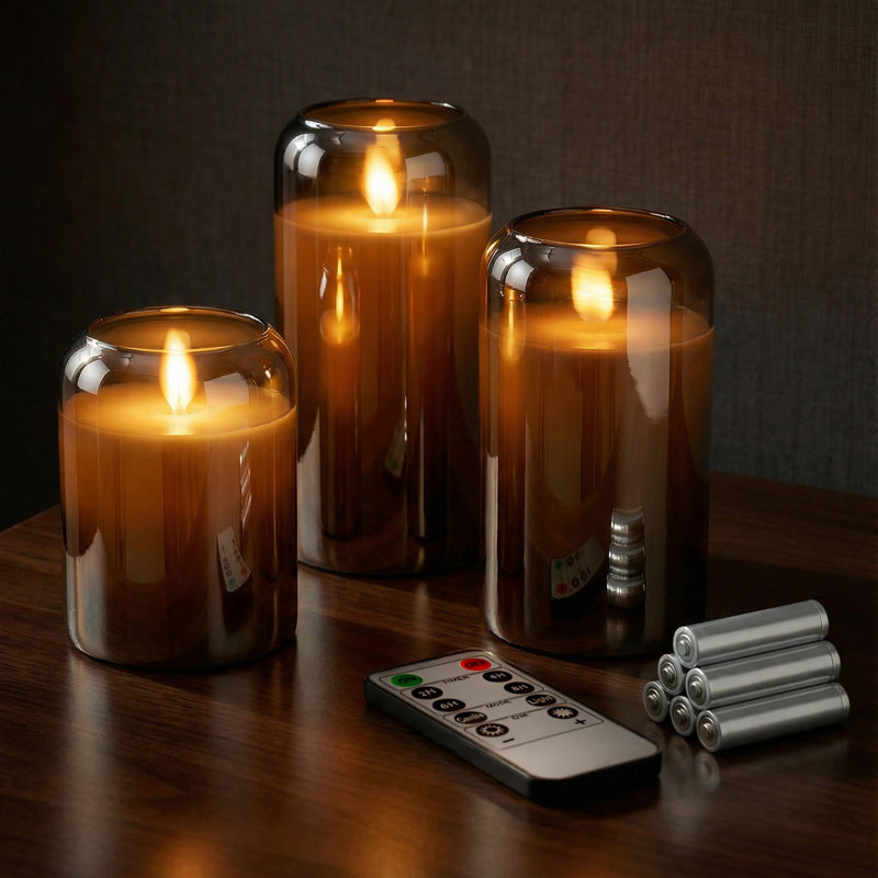 Bougies sans flamme à DEL en verre miroitant rondes à DEL avec ouragan, flammes scintillantes, fonctionnement à pile (inclus), télécommande et minuterie (ensemble de 3, gris métallique)