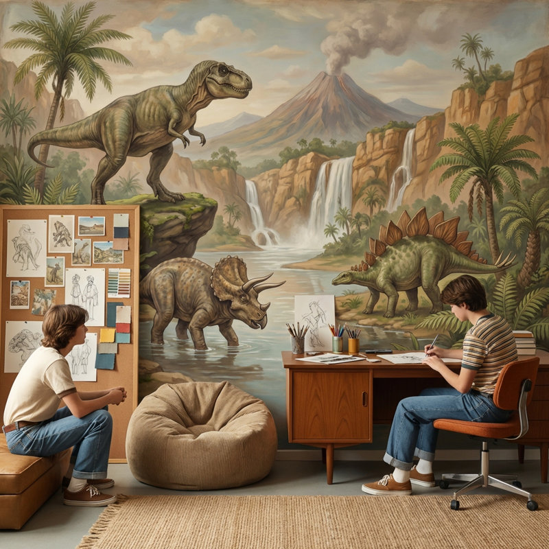 Papier peint dinosaures nature préhistorique, 100 po x 96 po, Peler et coller