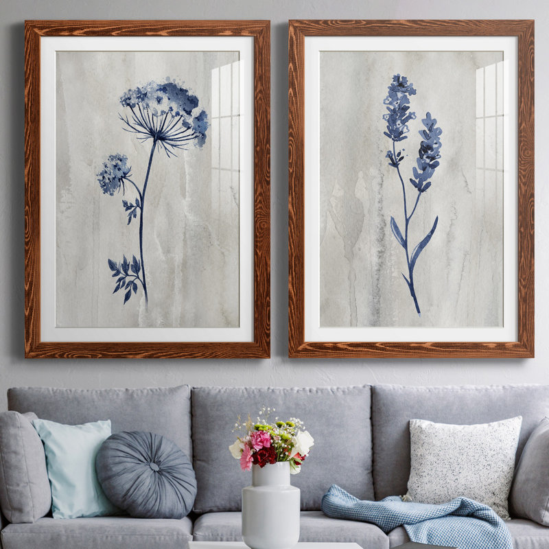 «Indigo Botanical I», ensemble de 2 reproductions d'impressions, Impression encadrée avec passe-partout, H 44 po x l 31 po