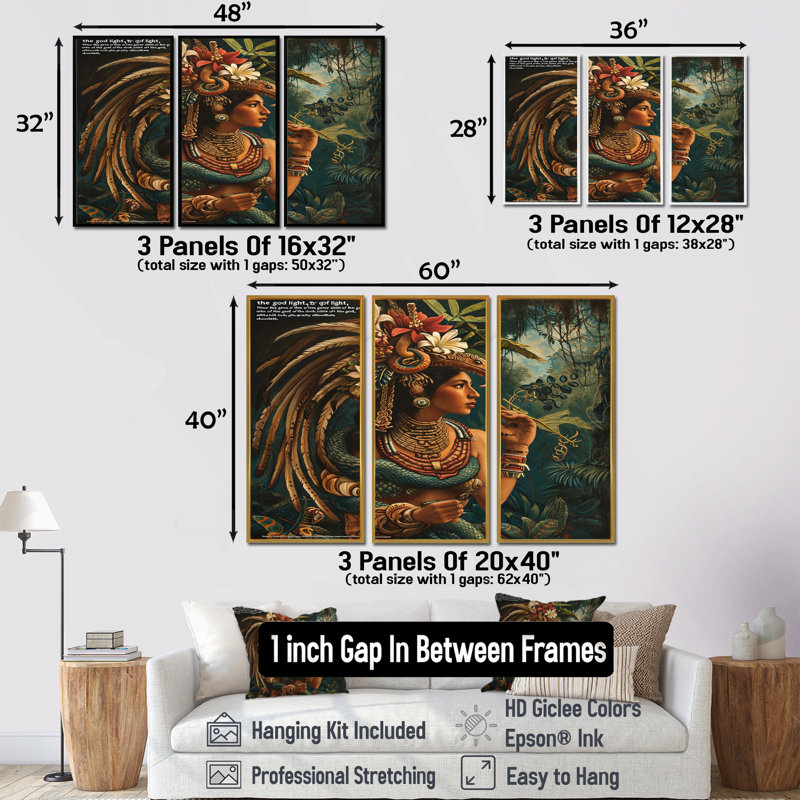 Ensemble de décorations murales Quetzalcoatl, Cadre flottant doré, H 40 po x l 60 po x P 1 po