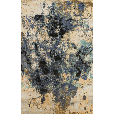 One-of-a-Kind Rectangle 5'11" x 9'3" New Age Rectangle Silk and Wool Area Rug in Beige and Blue
