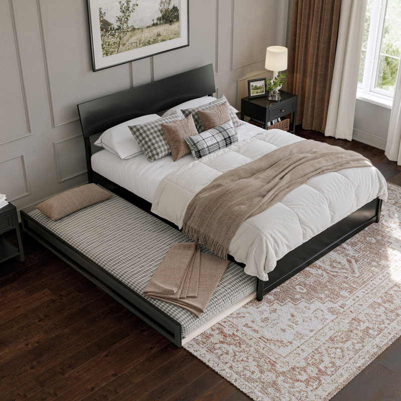 Norla Wood Platform Bed with Trundle, Queen, Black