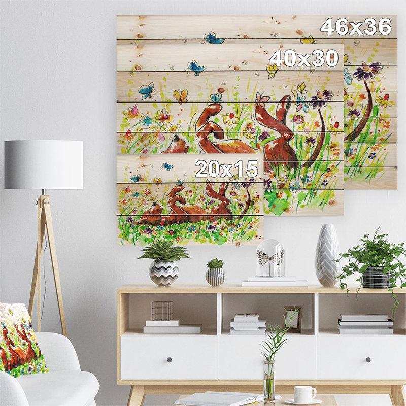 Chien heureux et brun avec fleurs et papillon - reproduction d'art, H 36 po x l 46 po x P 1,5 po, Bois