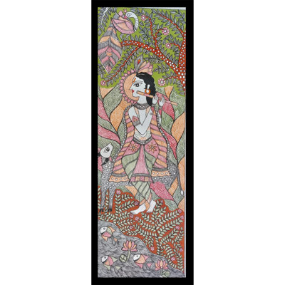 Madhubani Krishna, peinture acrylique encadrée sur papier faite à la main par Lalita Ray - H 30 po x l 11 po, décoration murale d'art populaire indien pour maisons spirituelles