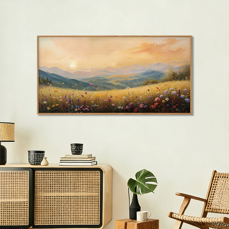 Art mural sur toile grand coucher de soleil pré, art floral encadré, art mural Boho Mountain