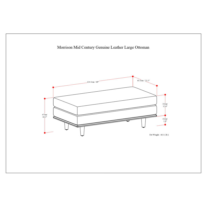 Morrison 49"W Large Upholstered Ottoman with Solid Wood Legs, Sienna