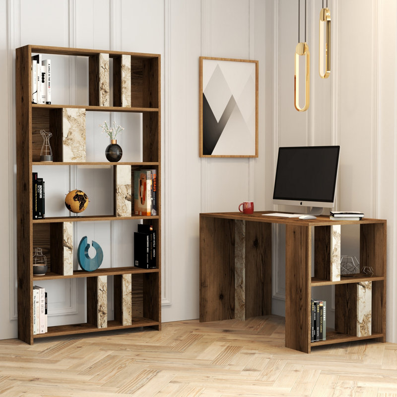 Modern Study Desk & Bookshelf Set | Walnut & White, 47.2 x 29.7 x 23.6 inches Desk & 35.4 x 70.9 x 7.9 inches Bookshelf | 100% Melamine Coated Particle Board, Wall-Mountable, Stylish Design with Numerous Shelves