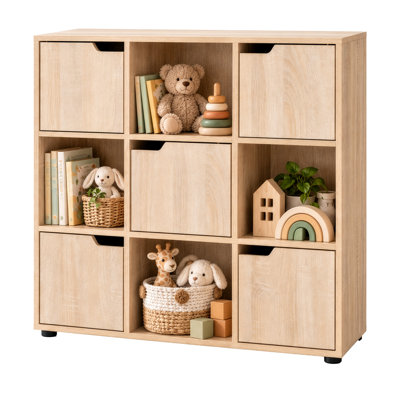 Basicwise 9 Cube Storage Organizer with 5 Doors and 4 Shelves - Bookshelf with Magnetic Closure, Wood Bookcase, 35"W x 11.5"D x 36"H, Oak - Living Room Furniture, Wooden Organizer for Home Office
