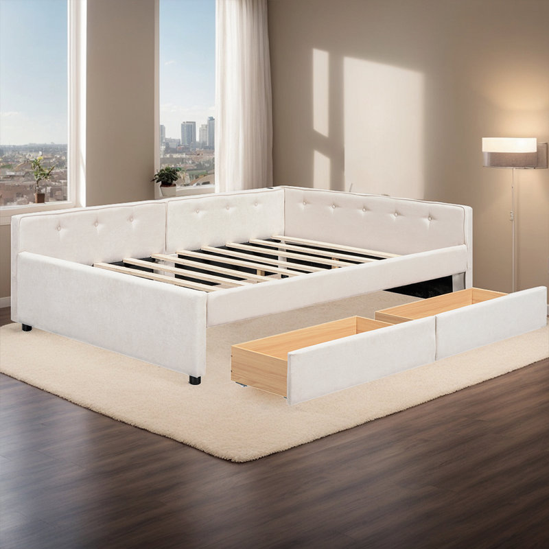 Élégant lit plateforme tapissier avec design USB et beaucoup de rangement sous le lit, pas besoin de sommier tapissier