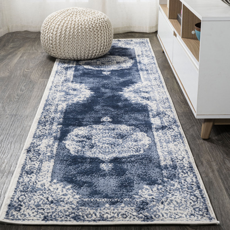 Tapis bleu marine / ivoire, Tapis de couloir 2 pi 2 po x 8 pi