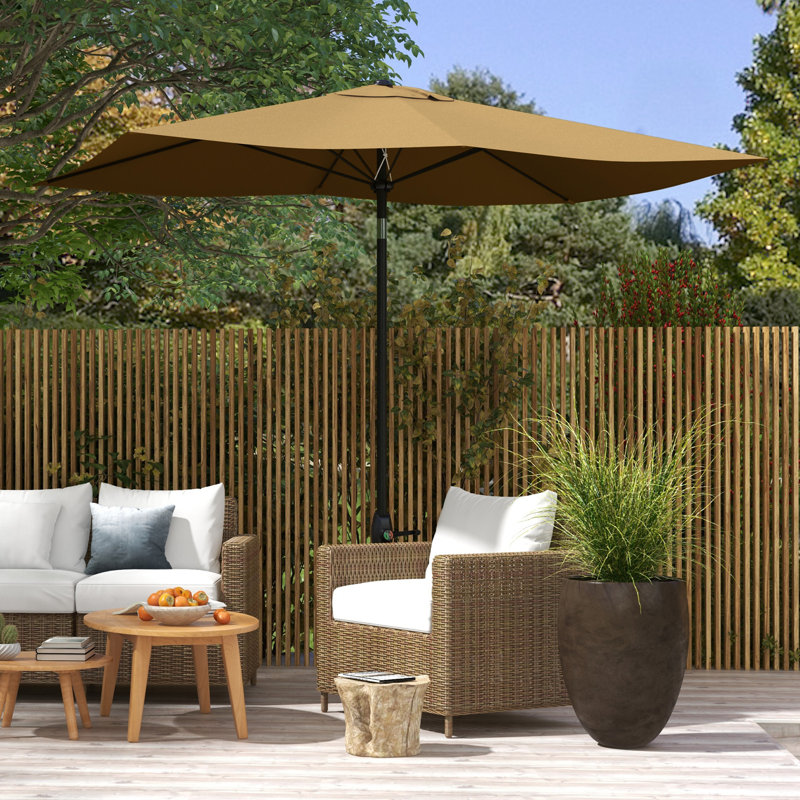 Parasol de marché rectangulaire avec manivelle et bouton poussoir inclinable, Café, H 96,3 po x l 115 po x P 77,5 po