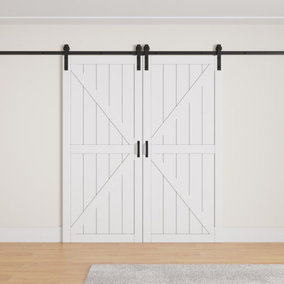 Ensemble de quincaillerie pour porte de grange double coulissante en bois massif préfini blanc de 84 po de hauteur, design en forme de K et de X, deux ensembles de fermeture amortie