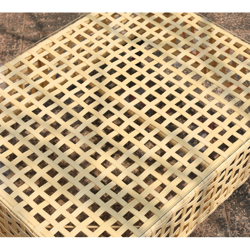Table basse d'extérieur avec plateau en verre trempé, table de patio en osier tissé à la main avec structure en métal, table basse en rotin toutes saisons pour meubles de patio, balcon, cour ou jardin