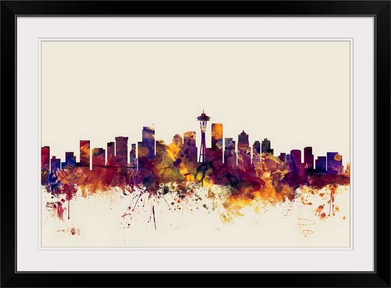 «Seattle, Washington Skyline» par Michael Tompsett - impression, Cadre noir, H 24 po x l 32 po x P 1 po