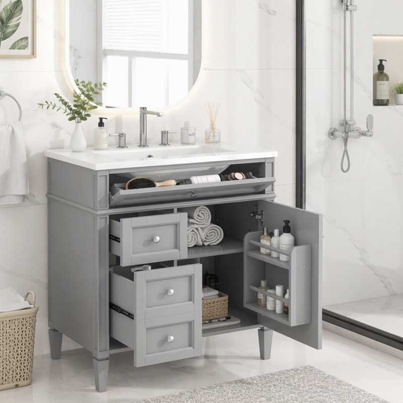 Meuble-lavabo de 76 cm avec lavabo en céramique, meuble autoportant avec 2 tiroirs et un tiroir basculant, structure en bois massif et MDF, style rétro, noir
