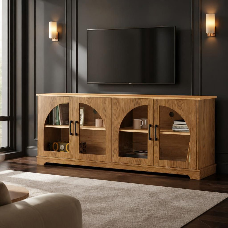 Meuble télé Farmhouse avec portes en verre semi-arquées pour téléviseur de 70 po ou moins, console média fonctionnelle avec tablettes de rangement réglables, buffet à grain de bois durable avec gestion des câbles intégrée