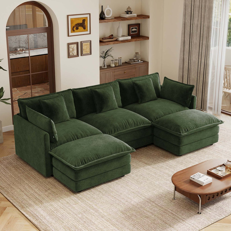 Canapé modulaire en U avec repose-pieds réversible 3 places et 2 repose-pieds, Chenille verte