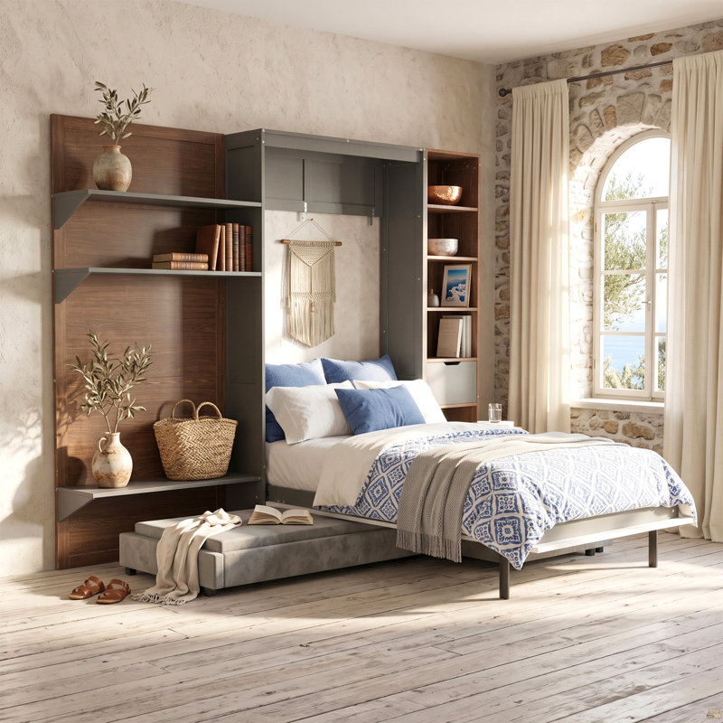 Lit escamotable simple avec armoire de rangement, étagère ouverte et port USB, grand canapé à l'avant, panneau imprimé paysage de montagne, lit mural peu encombrant pour chambre à coucher, chambre d'amis et appartement - gris