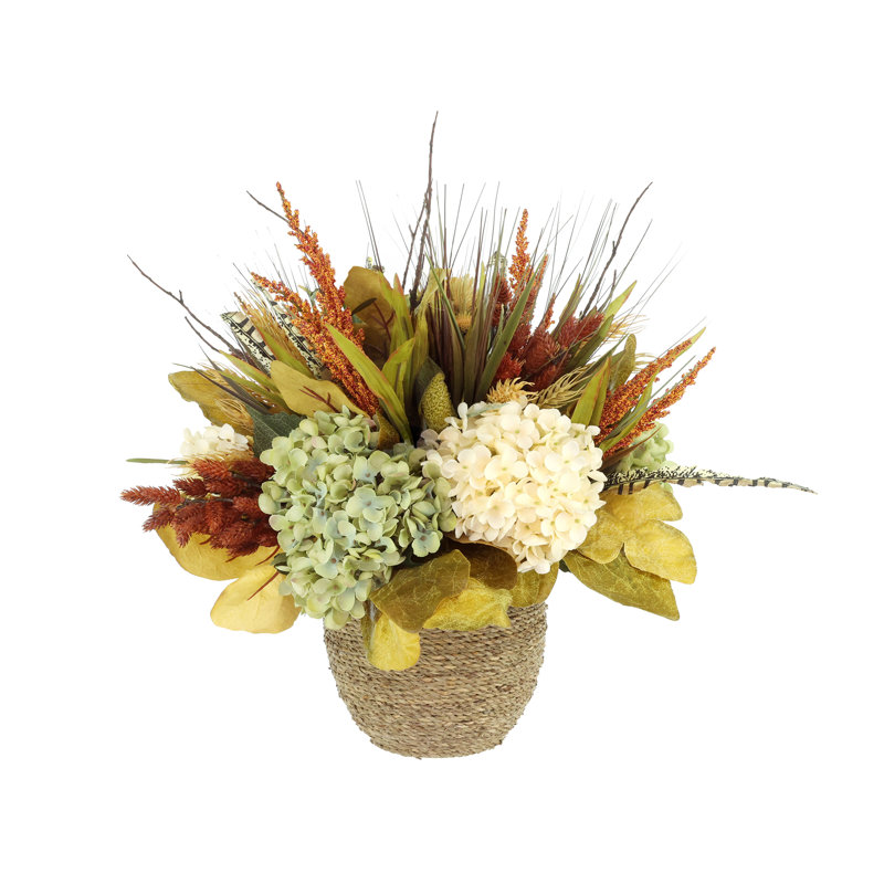 Fall Arrangement with Hydrangeas, Thistle and Wheat