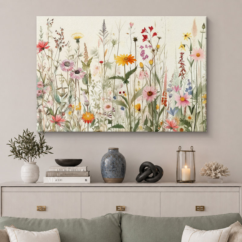«Vibrant Wildflower», «Bright Daisy Floral Field Images, Spring French Country Living Room Artwork», impression sur toile encadrée