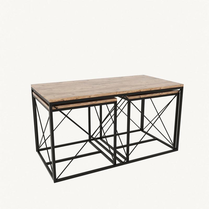 Modern Coffee Table Set (3 Pieces), Atlantic Pine & Black, Large Table: 39.4 x 20.5 x 19.7 inches | Small Tables: 17.7 x 20.5 x 17.7 inches | 100% Melamine Coated Particle Board, Metal Legs | Stylish & Functional Design for Living Room