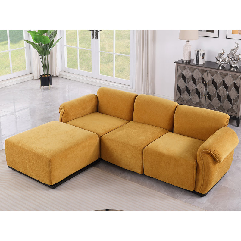 L-Shaped Sectional Sofa Couch With Reversible Ottoman, Yellow