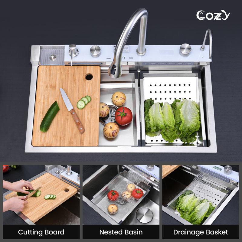 Évier de cuisine encastré en acier inoxydable de 30 po L avec robinet escamotable, affichage numérique, planche à découper, passoire, crépine