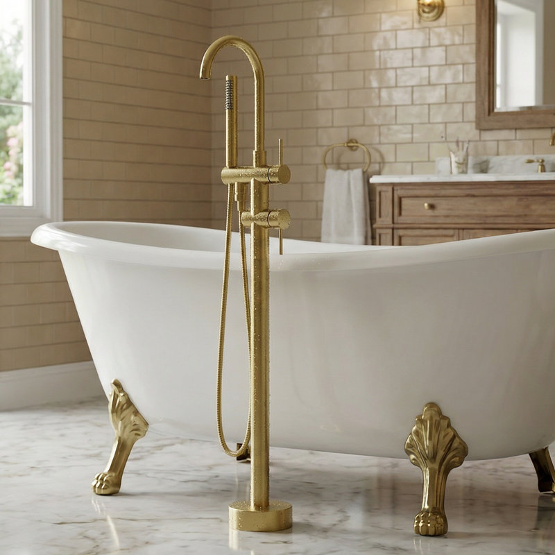 Robinet de baignoire autoportant en acier inoxydable Rotation 304 avec douche à main, Or brossé
