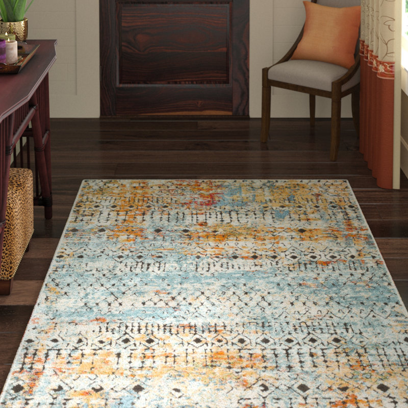 Tapis bleu sarcelle / safran délavé Ragland, Rectangle 5 pi 3 po x 7 pi 3 po