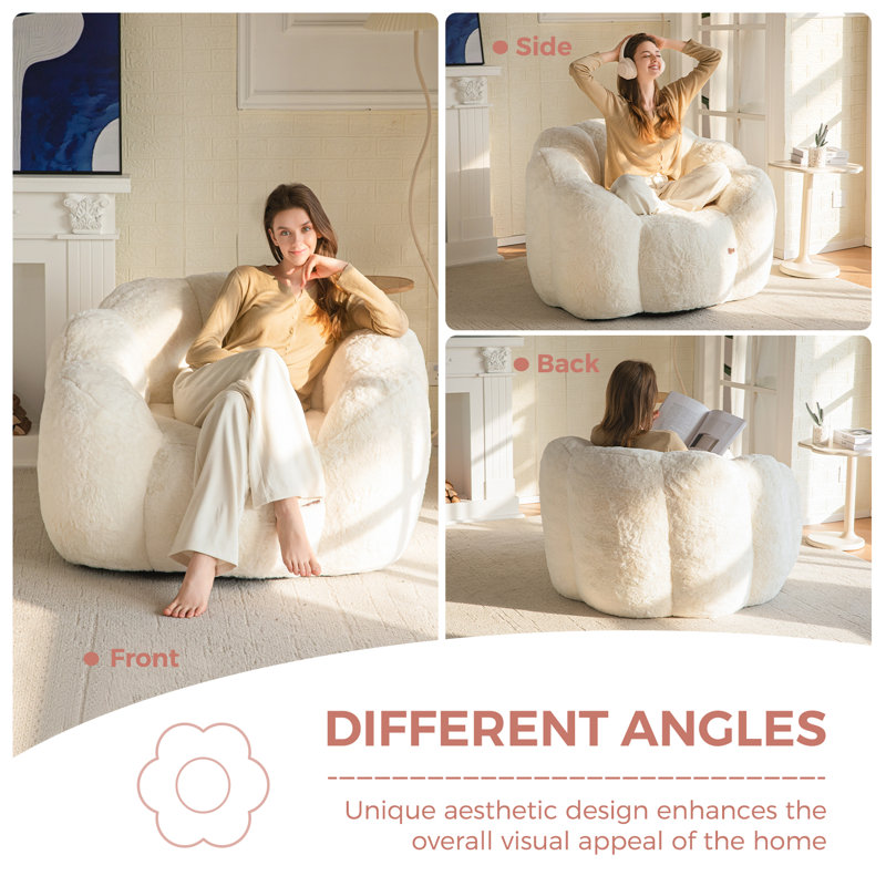 Floral Shaped Bean Bag Chair, Beige Faux Fur , Single
