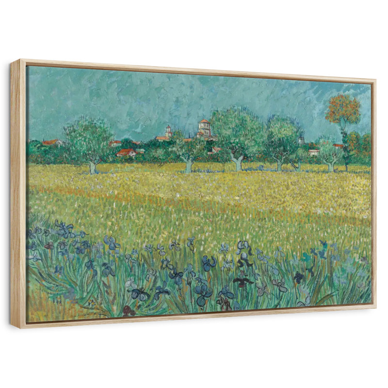Champ avec des fleurs près d'Arles, 25 po x 17 po, Cadre flottant en bois naturel