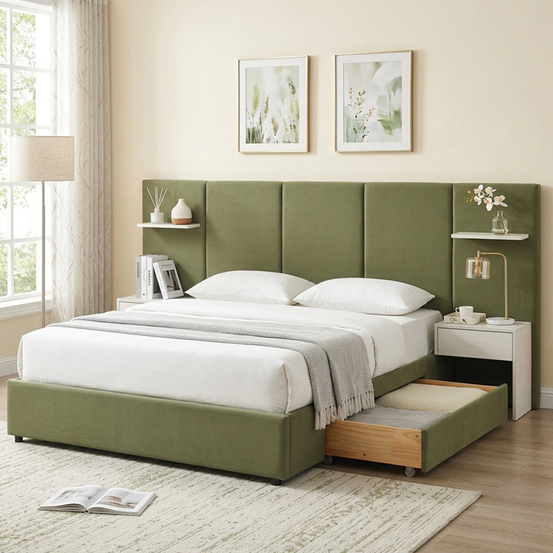 Lit plateforme haut tapissier avec tables de chevet, tiroirs et tablettes flottantes, grand, velours vert, Vert, Grand lit
