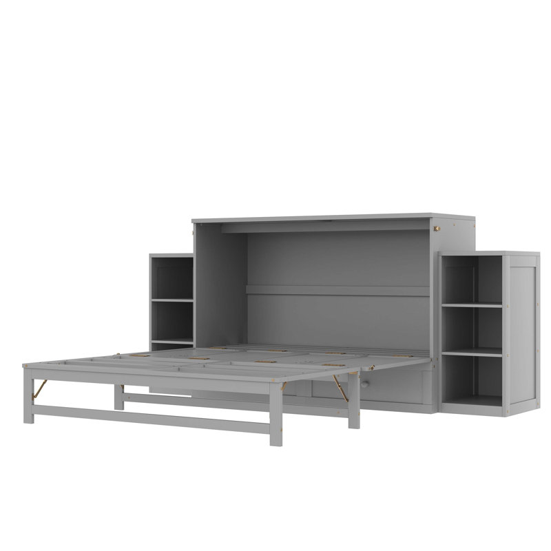 Grand lit escamotable avec grands tiroirs et tablettes de rangement, parfait pour les petits espaces et les chambres d'amis, gris clair