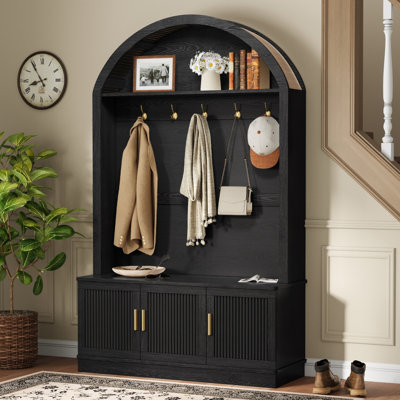Hall Tree 46.42" Wide With Bench And Shoe Storage, Entryway Organization, Fluted Doors, Mid-Century Modern, Hallway