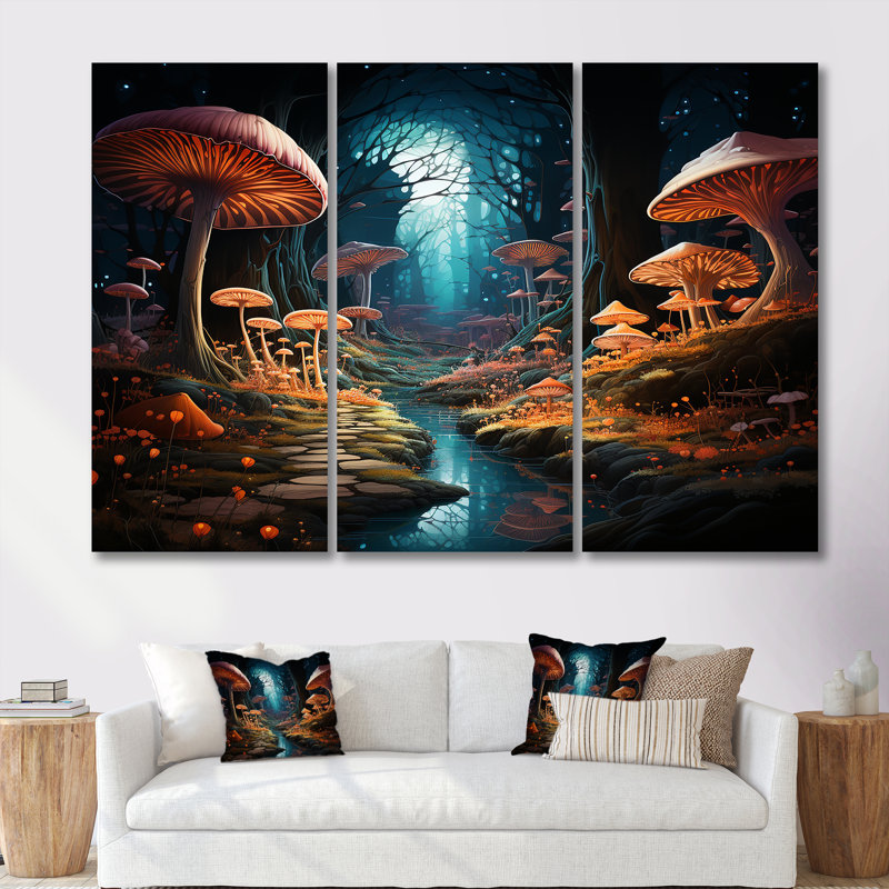 Ensemble de salon Mushroom Magic In Enchanted Forest - Abstract Landscape Wall Art, Toile tendue, H 32 po x l 48 po x P 1 po