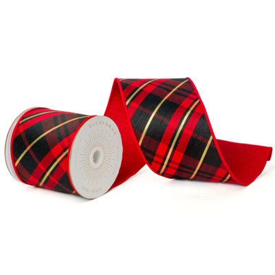 Vickerman 4"X10 Yds Red, Black, and Gold Diagonal Plaid with Red Dupioni Backing Ribbon.