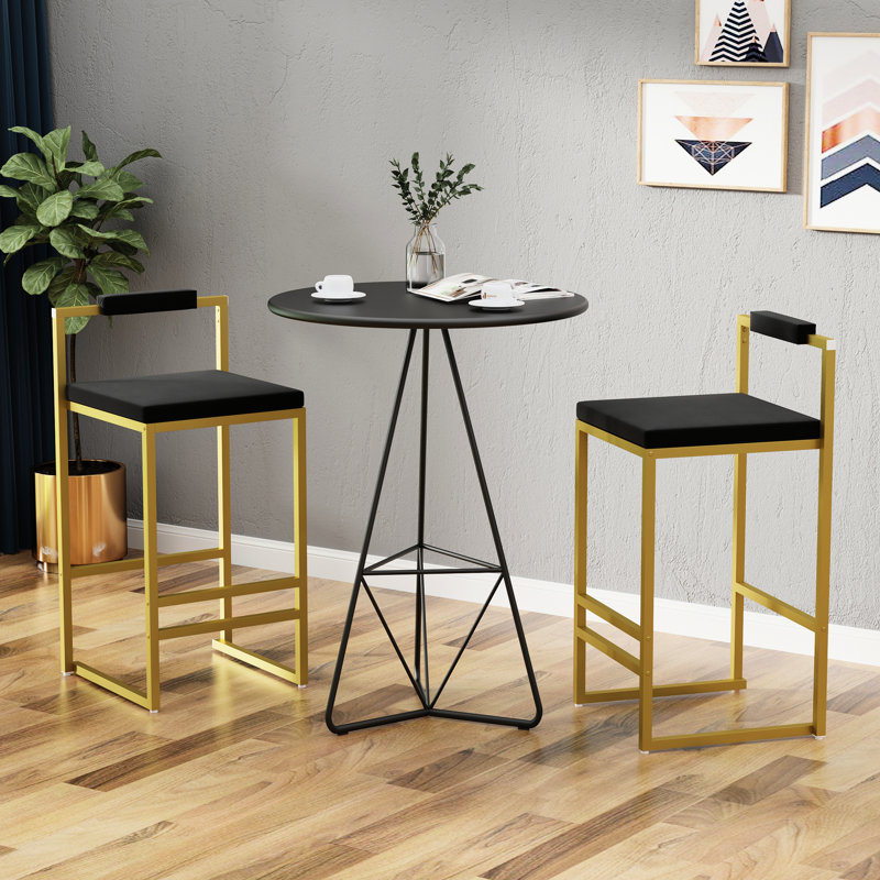 Tabourets de bar modernes en velours, hauteur du comptoir (lot de 2), dorés et noirs, bas, pour la cuisine et le coin repas. 2 tabourets noirs avec base en métal, gain de place.