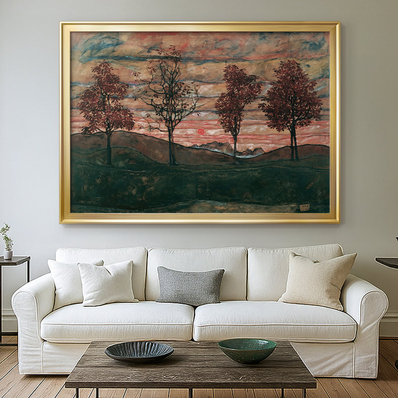Quatre arbres (Vier Bäume) - Egon Schiele - Toile tendue avec châssis, 1917, 26.5x36.5, Framed Canvas, Doré