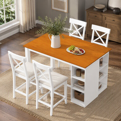 60Lx30W Solid Wood Farmhouse Counter Height Dining Table Set with 3-Tier Storage, Upholstered Chairs for 4, 5-Piece