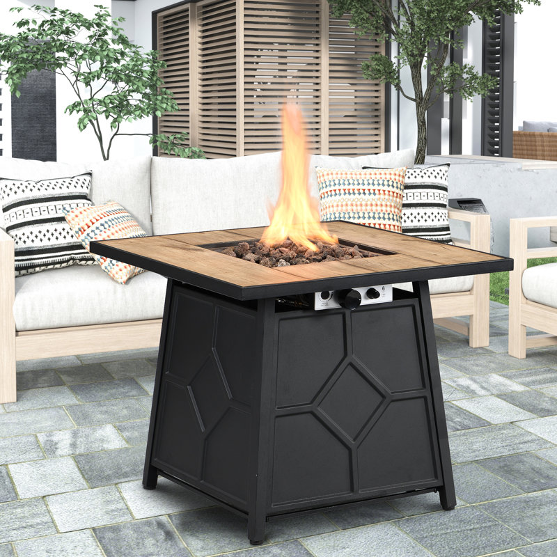 40,000 Propane Fire Pit Table 28 - Inch Square, Brown, + Iron, Easy To Clean, Outdoor Decor Feature Square Gas With Waterproof Cover, Unique Tabletop Design