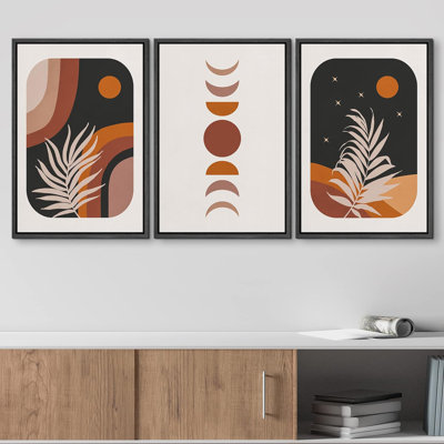 Bohemian-style Plants " Boho Mid-Century Moon Phase Tropical Leaf Desert Abstract Illustrations Modern Art Bohemian Decor " 3 - Pieces
