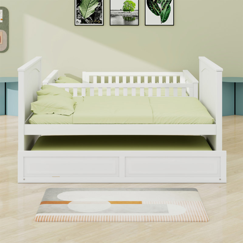 Wood Bunk Bed With Trundle, Guardrails, White