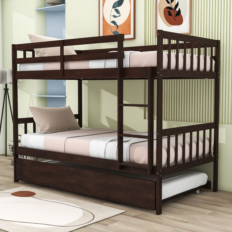 Hulbard Twin Over Twin Convertible Wooden Bunk Bed With Twin Trundle And Safety Guardrails, Espresso
