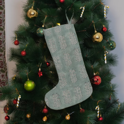 Chaussette de Noël en lin gris épais - décoration de Noël imprimée à la main Inderdhanush