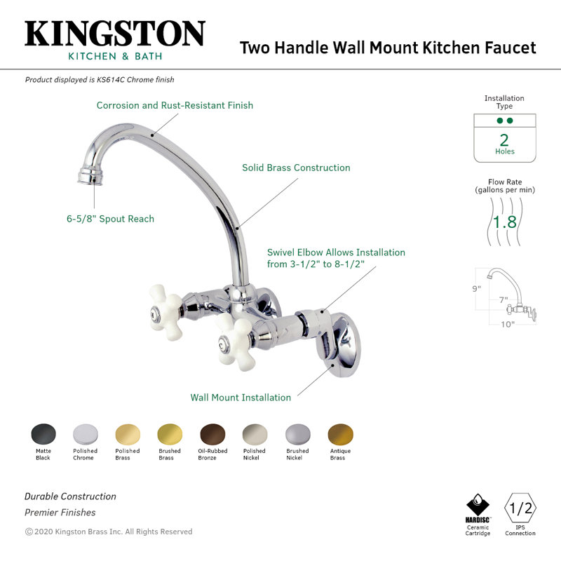 Kingston Brass Kingston Double-Handle 2-Hole Wall-Mount Bridge Kitchen Faucet, Oil Rubbed Bronze