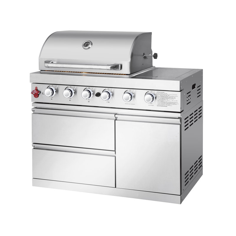 Barbecue de cuisine d'extérieur avec réfrigérateur à porte unique Silver 4 72000 avec surface de cuisson de 484,5 pieds carrés, rangement à 3 tiroirs, robinet d'évier escamotable à 360 °, évier / robinet à allumage électronique,